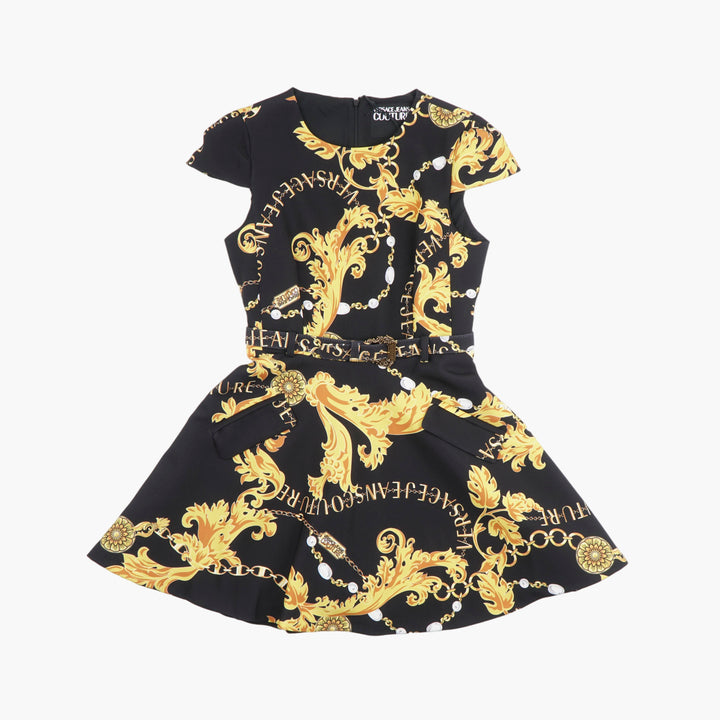 Versace Women's Baroque Print Dress in Black-Yellow Made in Italy