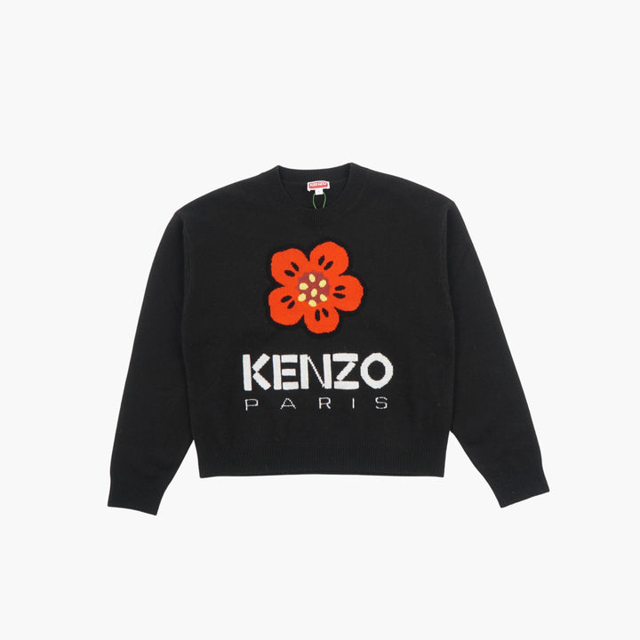 KENZO Paris Black-Multi Sweater with Bold Flower Graphic and Branding