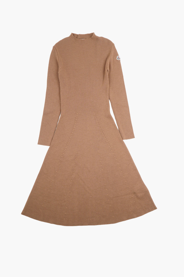 Moncler Ribbed Knit Camel Dress with Long Sleeves