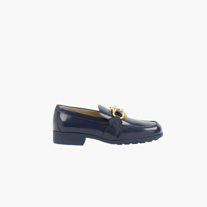 Mocassino in pelle verniciata blu navy-oro Bottega Veneta