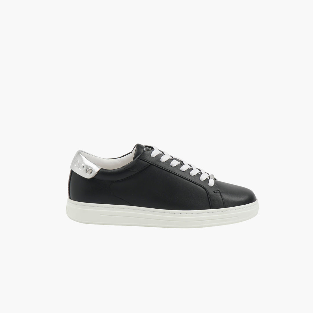 JIMMY CHOO Black Leather Sneakers with Silver Heel Embellishment