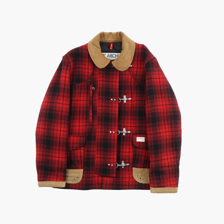 FAY Archivi Red-Multi Plaid Jacket with Suede Collar and Toggle Closures