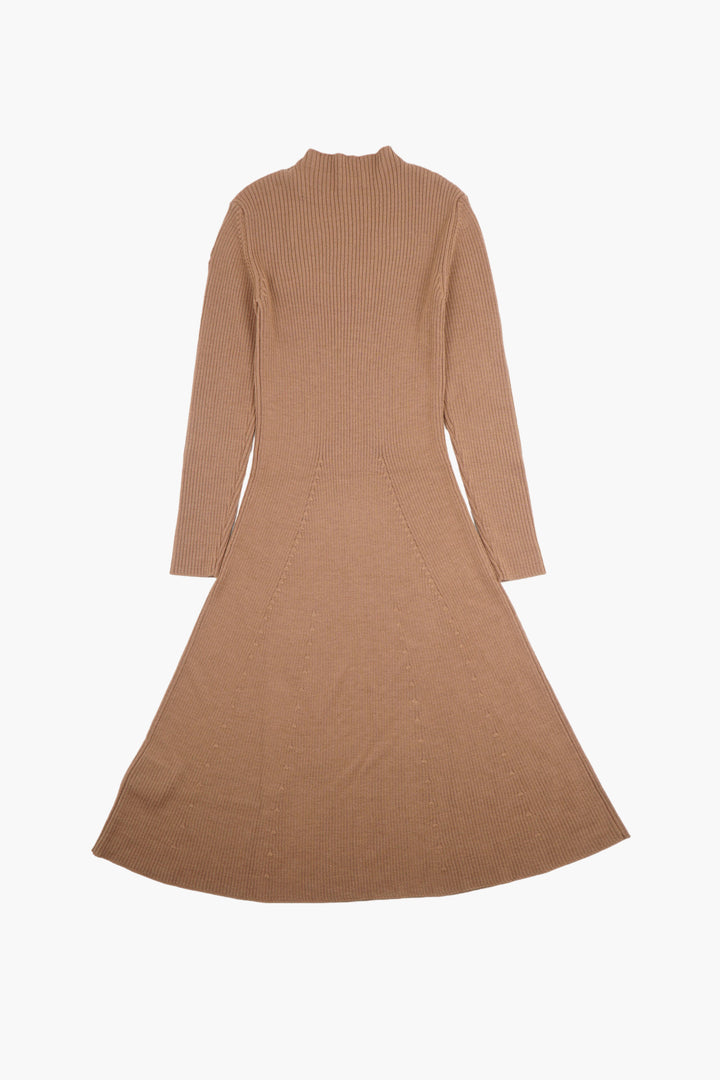 Moncler Ribbed Knit Camel Dress with Long Sleeves