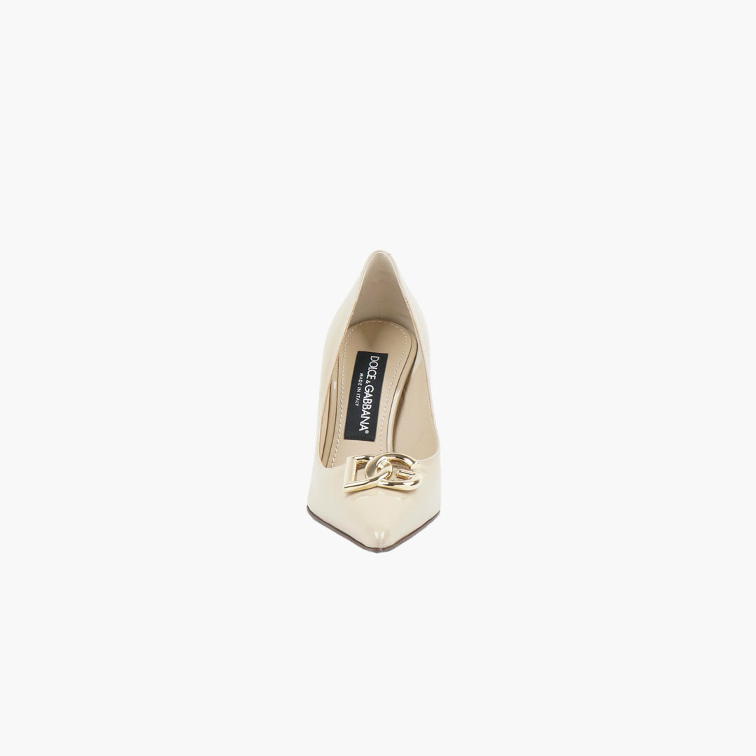 Dolce & Gabbana Beige-Gold Pointed Toe Pumps with Logo Embellishment