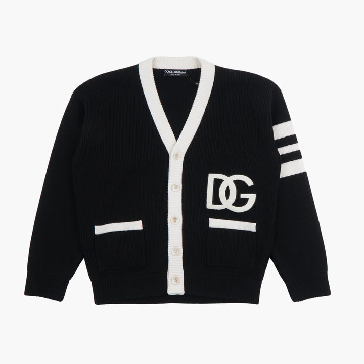 Dolce &amp; Gabbana Cardigan Nero con Rifiniture Bianche e Logo DG - Made in Italy