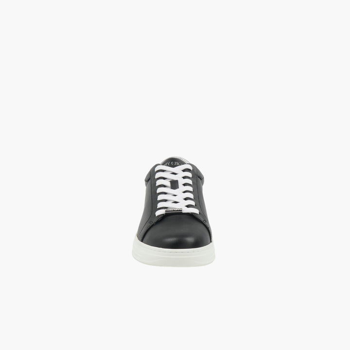 JIMMY CHOO Black Leather Sneakers with Silver Heel Embellishment