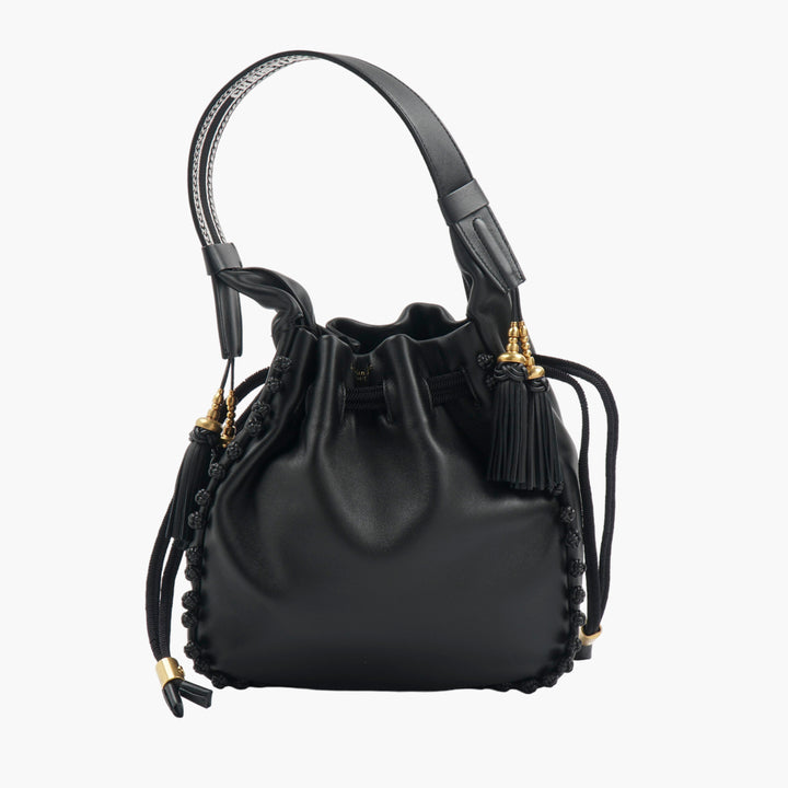 DIOR Nero Leather Handbag with Tassel Detailing and Gold Accents - Made in Italy