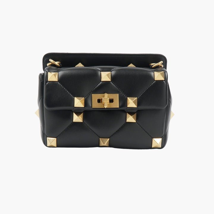 Valentino Rockstud Quilted Leather Shoulder Bag in Black-Gold