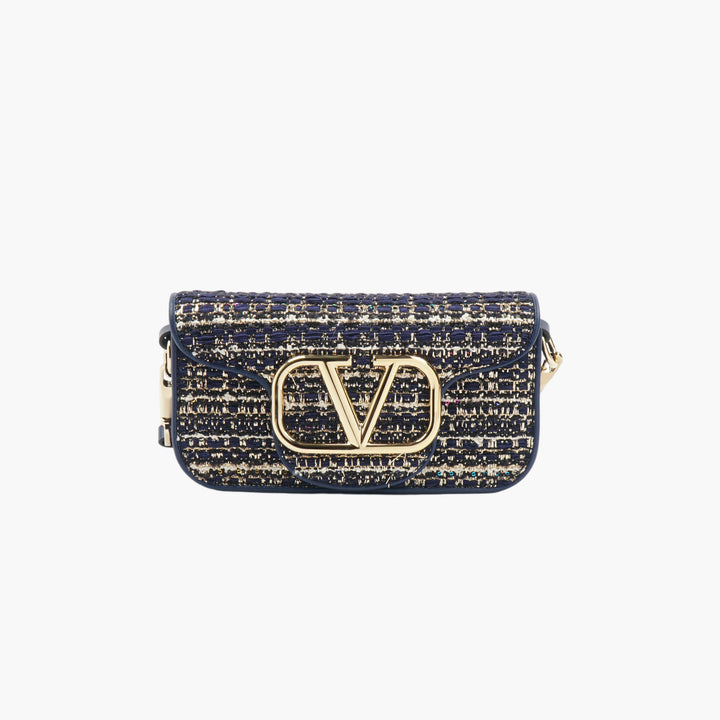 Valentino Luxury Navy-Gold Crossbody Bag with Iconic Gold Logo - Made in Italy