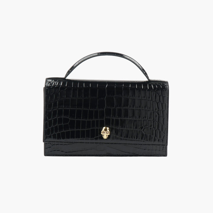 ALEXANDER MCQUEEN Black Croc-Embossed Leather Handbag with Gold Skull Motif