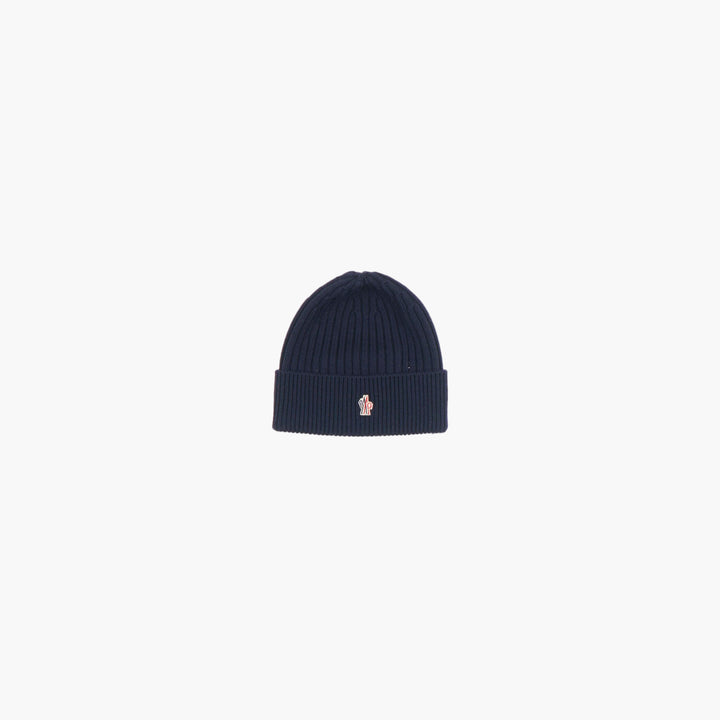 Moncler Navy Wool Beanie Hat with Iconic Logo