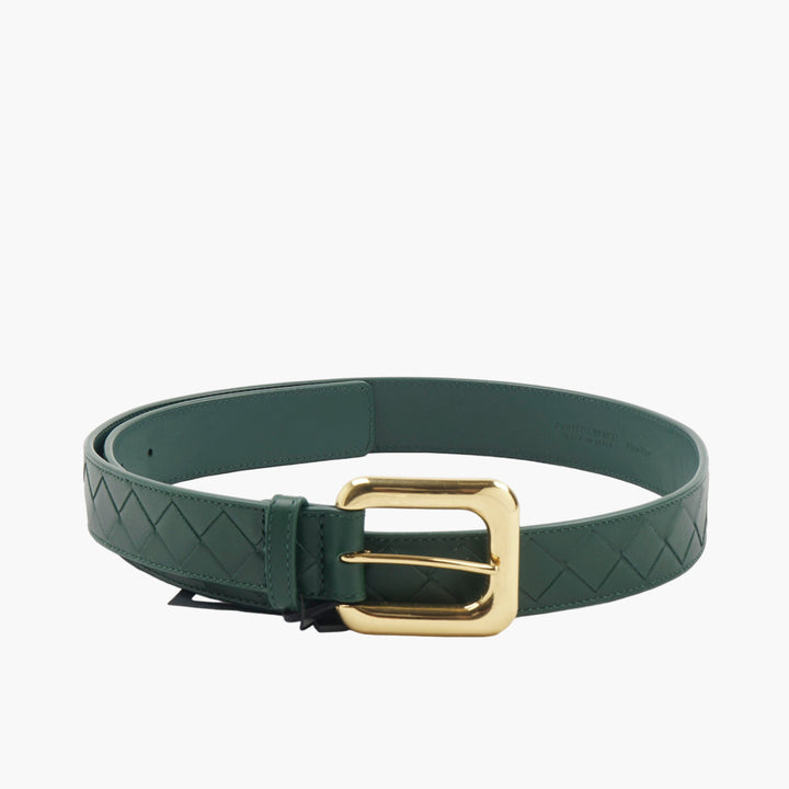 BOTTEGA VENETA Intrecciato Leather Belt with Gold-Tone Buckle - Made in Italy