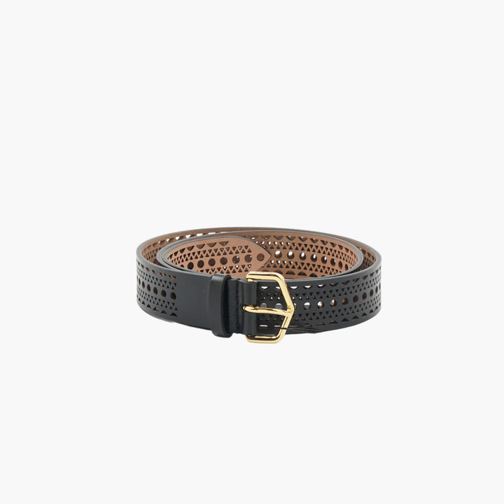 ALAIA Nero Leather Belt with Intricate Laser-Cut Design and Gold-Tone Buckle