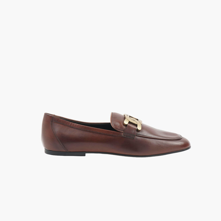 TOD'S Dark Brown Leather Loafers with Gold Buckle