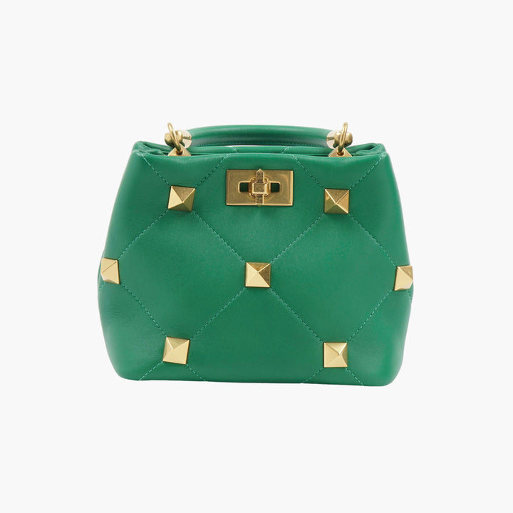 VALENTINO Borsa a mano in pelle trapuntata con borchie verde-oro Made in Italy