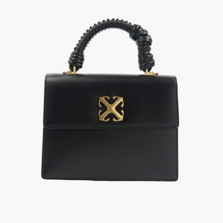 OFF-WHITE Black Leather Handbag with Gold Logo and Twisted Handle