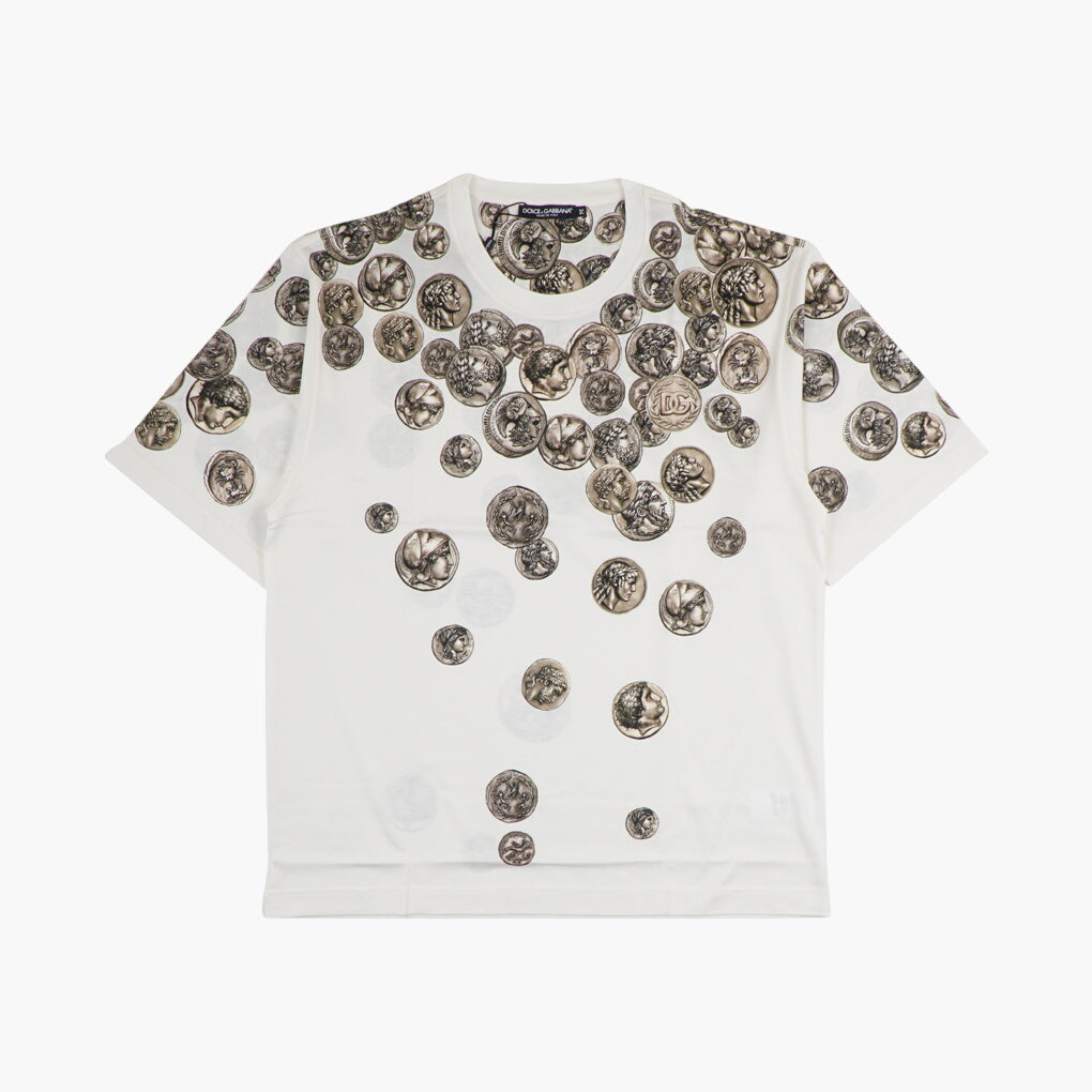 Dolce & Gabbana White-Brown Coin Motif T-Shirt Made in Italy