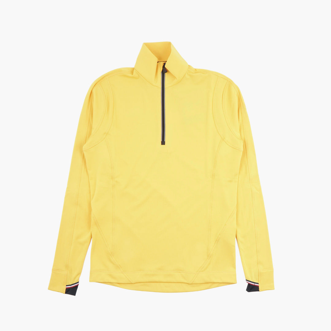 Pullover Moncler giallo con zip e dettagli a righe sui polsini