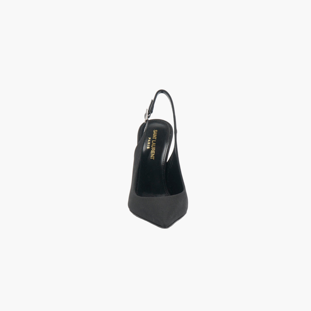 Slingback con tacco SAINT LAURENT in raso nero con tacco monogramma YSL - Made in Italy