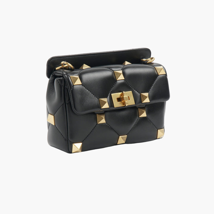 Valentino Rockstud Quilted Leather Shoulder Bag in Black-Gold