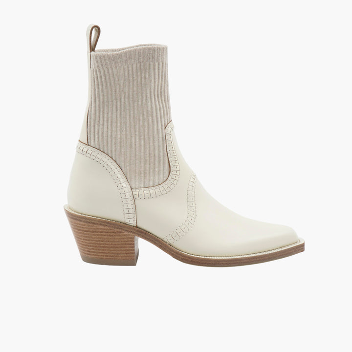 Chloè Ankle Boots, White-Beige, Modern Design with Sleek Leather and Ribbed Upper