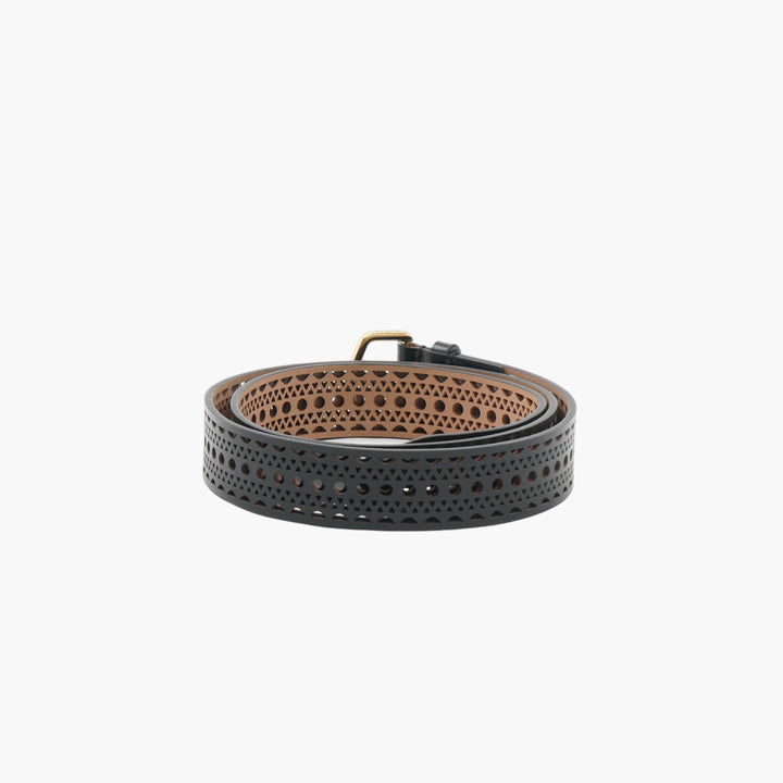 ALAIA Nero Leather Belt with Intricate Laser-Cut Design and Gold-Tone Buckle