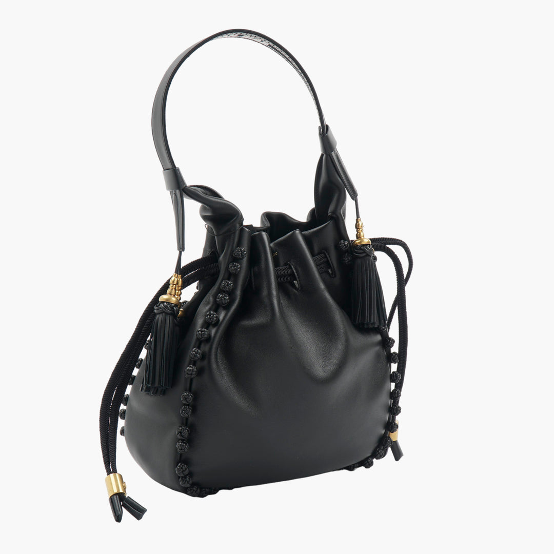 DIOR Nero Leather Handbag with Tassel Detailing and Gold Accents - Made in Italy