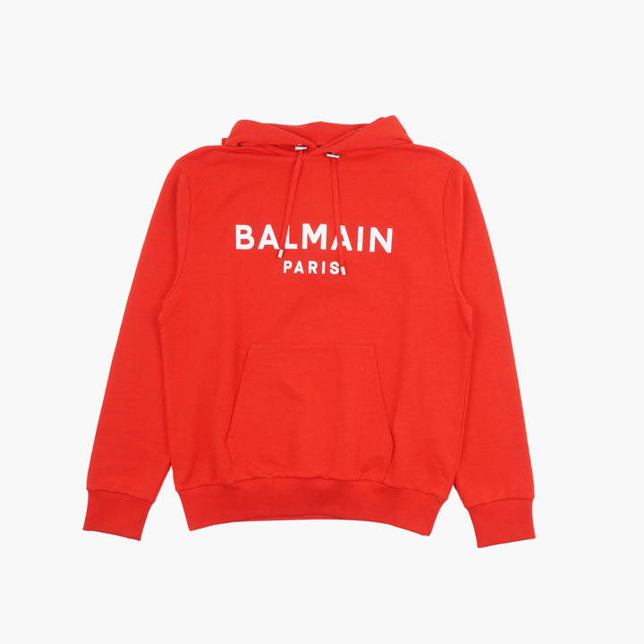 BALMAIN Red-White Logo Hoodie with Kangaroo Pocket