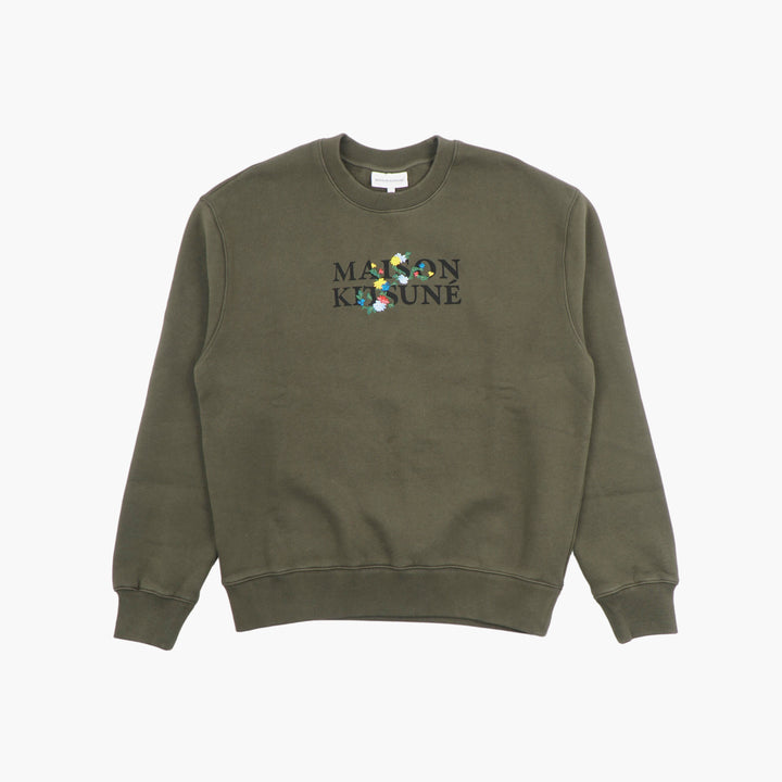 Maison Kitsuné Olive Green Sweatshirt with Floral Logo Design