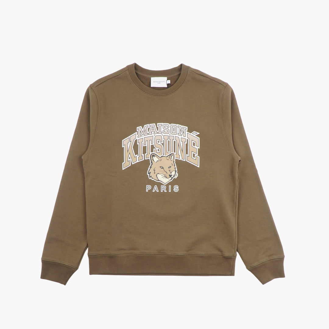 MAISON KITSUNE Khaki Crewneck Sweatshirt with Fox Graphic