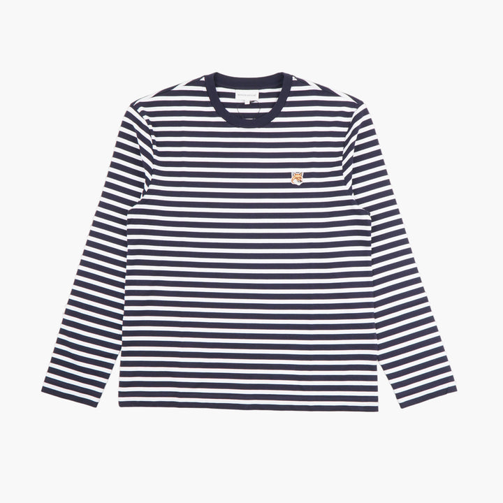 MAISON KITSUNE Men's Navy-White Striped Long-Sleeve Crewneck Shirt with Fox Patch