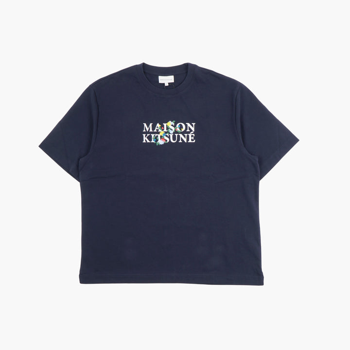 Maison Kitsuné T-shirt blu navy-multicolore con logo floreale