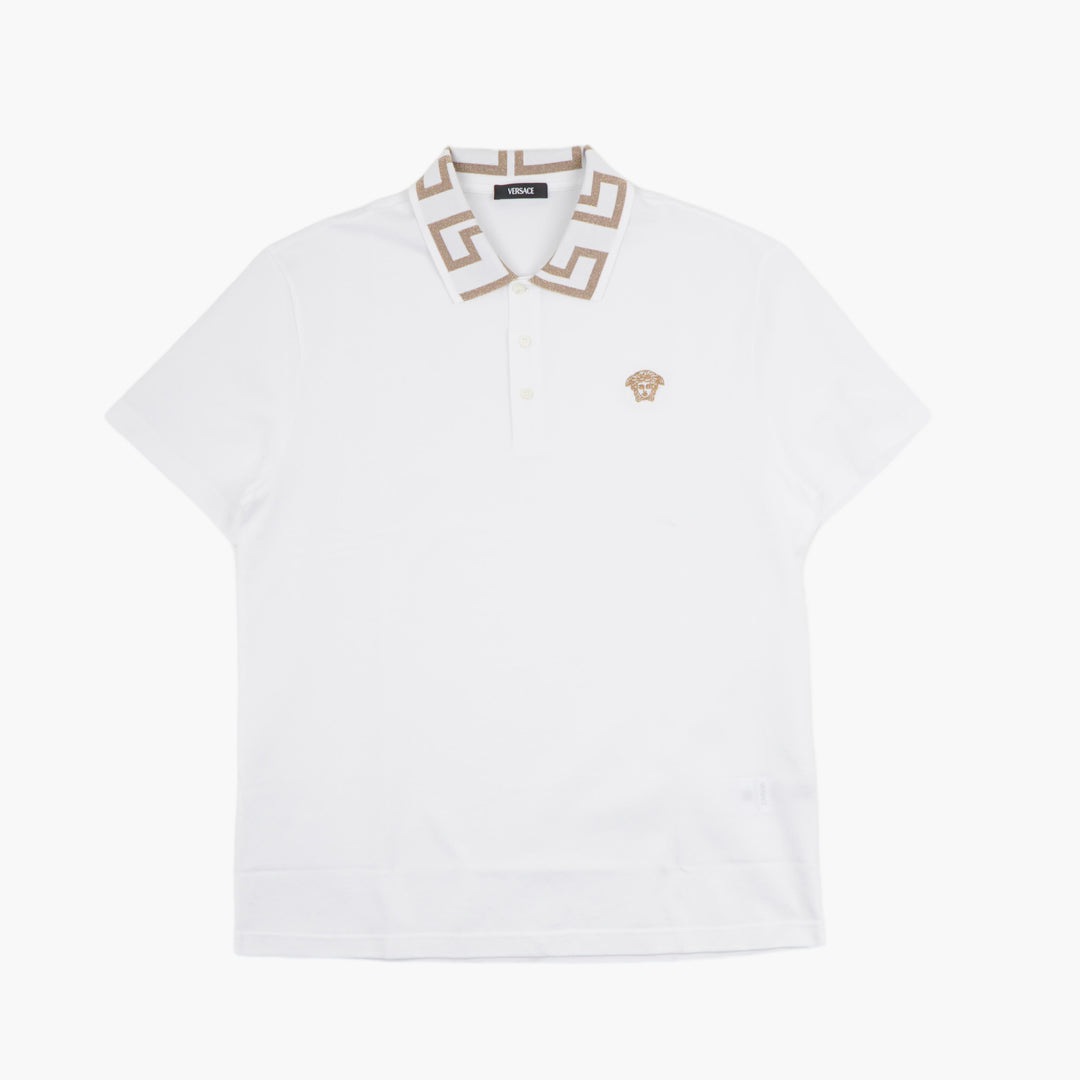 Polo VERSACE bianco-oro con colletto Greca e ricamo Medusa