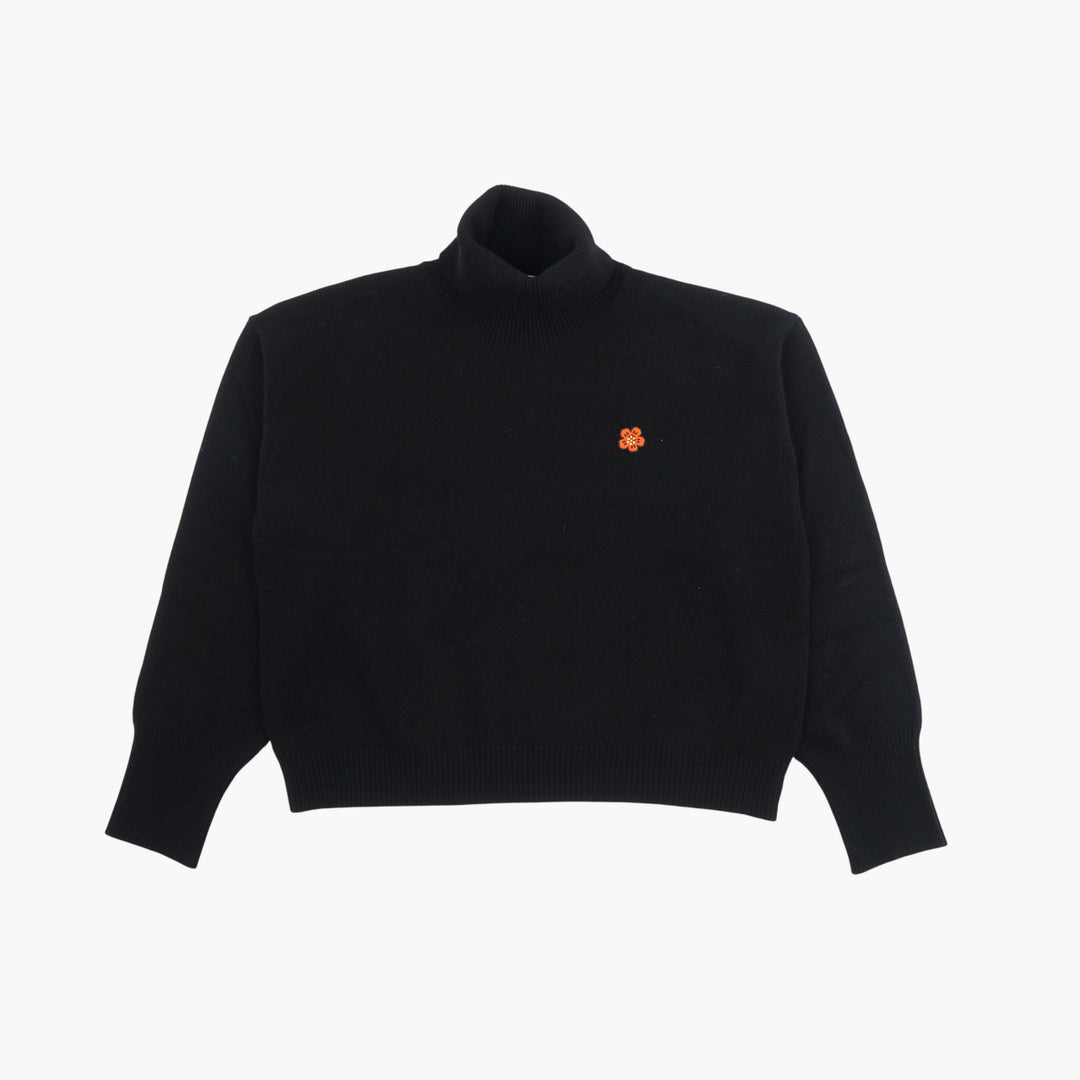 KENZO Black Turtleneck Sweater with Floral Embroidery