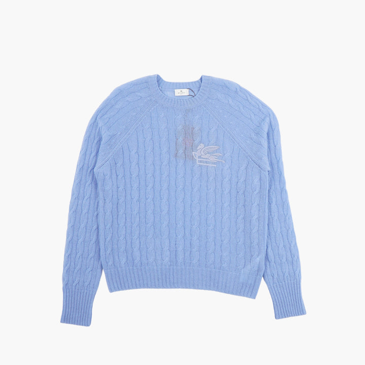 ETRO Blue Cable-Knit Sweater with Signature Embroidered Motif