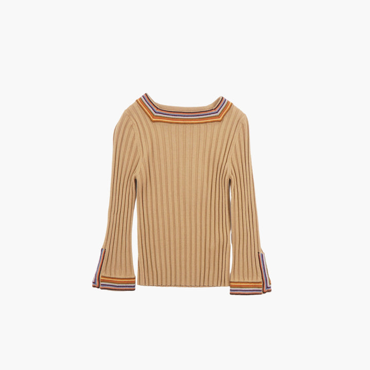 ETRO Ribbed Knit Sweater - Beige with Multicolored Striped Collar and Cuffs