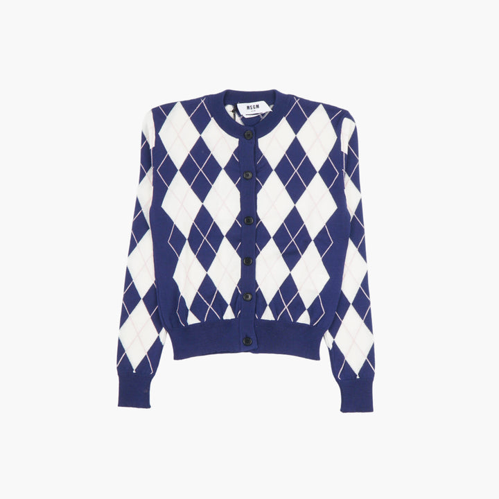 MSGM Navy-White Argyle Pattern Cardigan with Button-Down Front