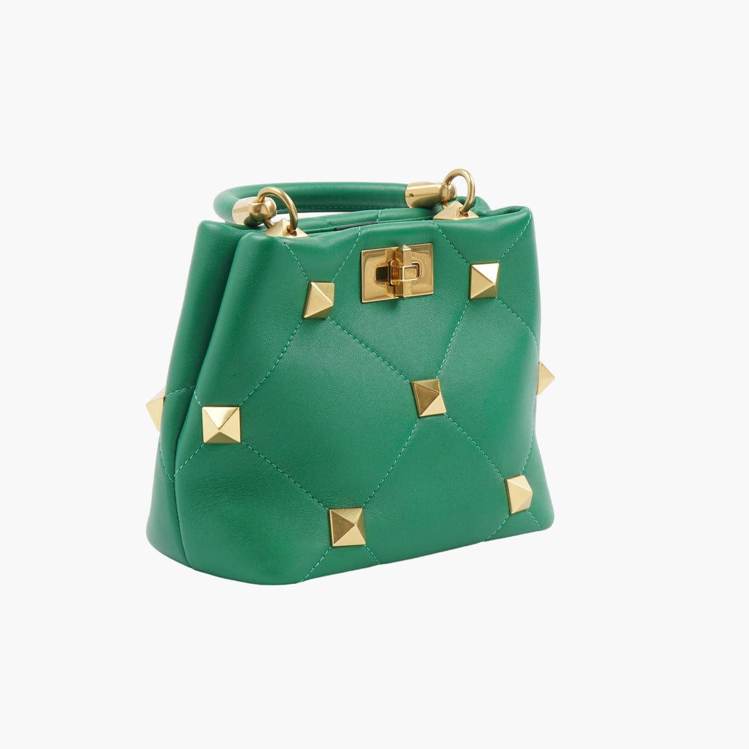 VALENTINO Borsa a mano in pelle trapuntata con borchie verde-oro Made in Italy