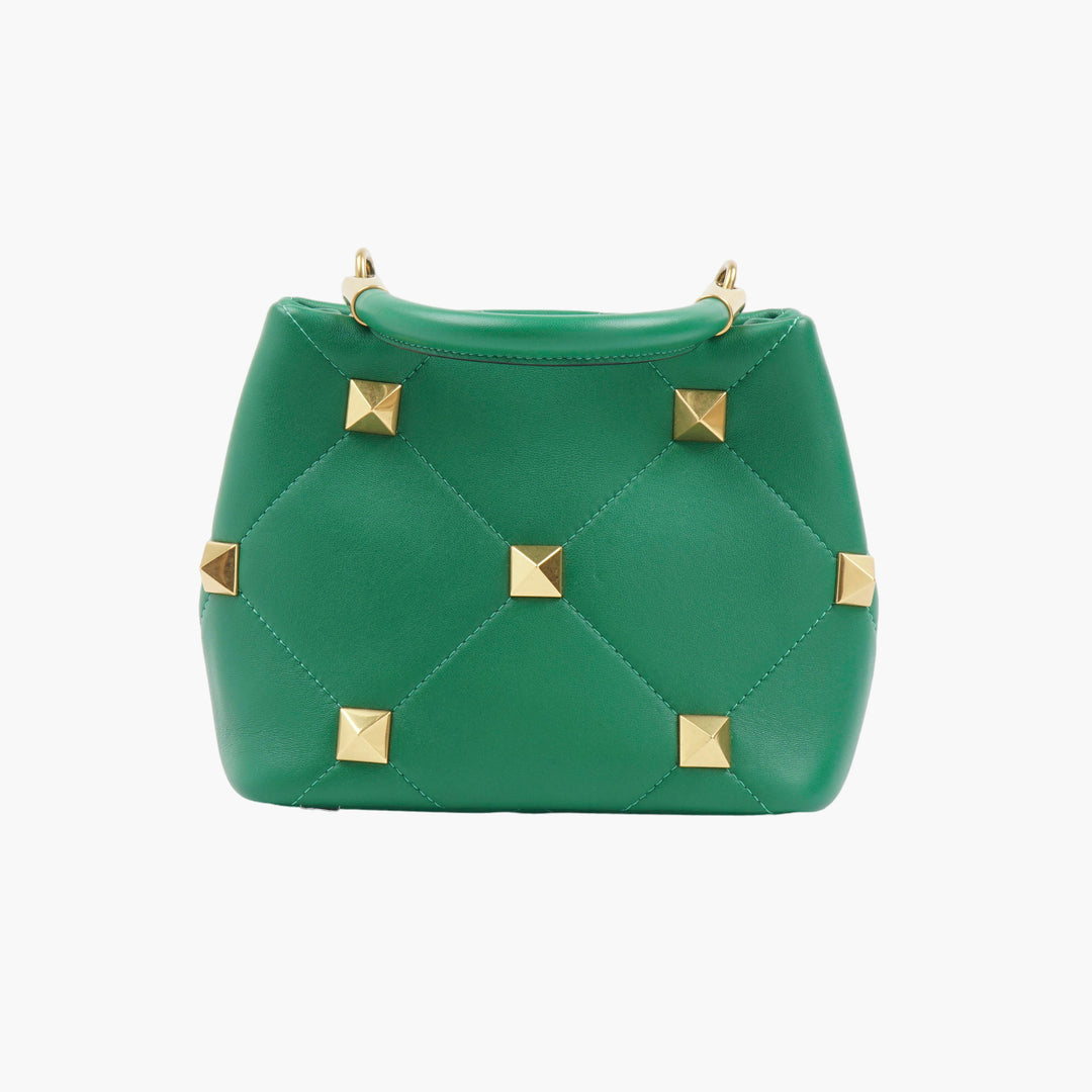 VALENTINO Borsa a mano in pelle trapuntata con borchie verde-oro Made in Italy