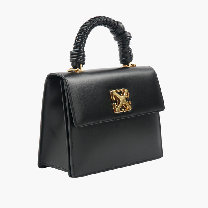 OFF-WHITE Black Leather Handbag with Gold Logo and Twisted Handle