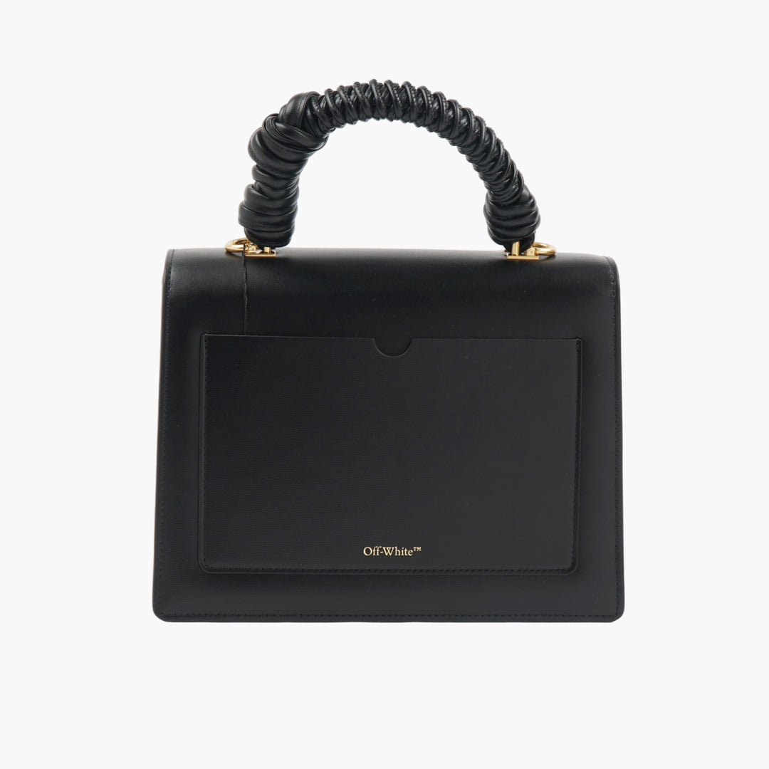 OFF-WHITE Black Leather Handbag with Gold Logo and Twisted Handle