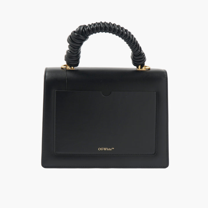 OFF-WHITE Black Leather Handbag with Gold Logo and Twisted Handle