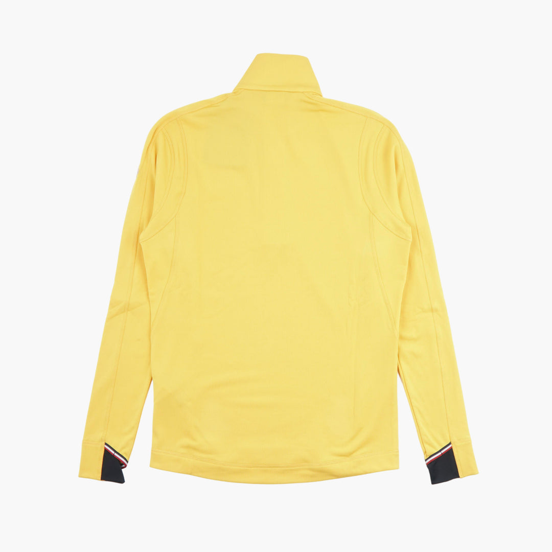 Pullover Moncler giallo con zip e dettagli a righe sui polsini