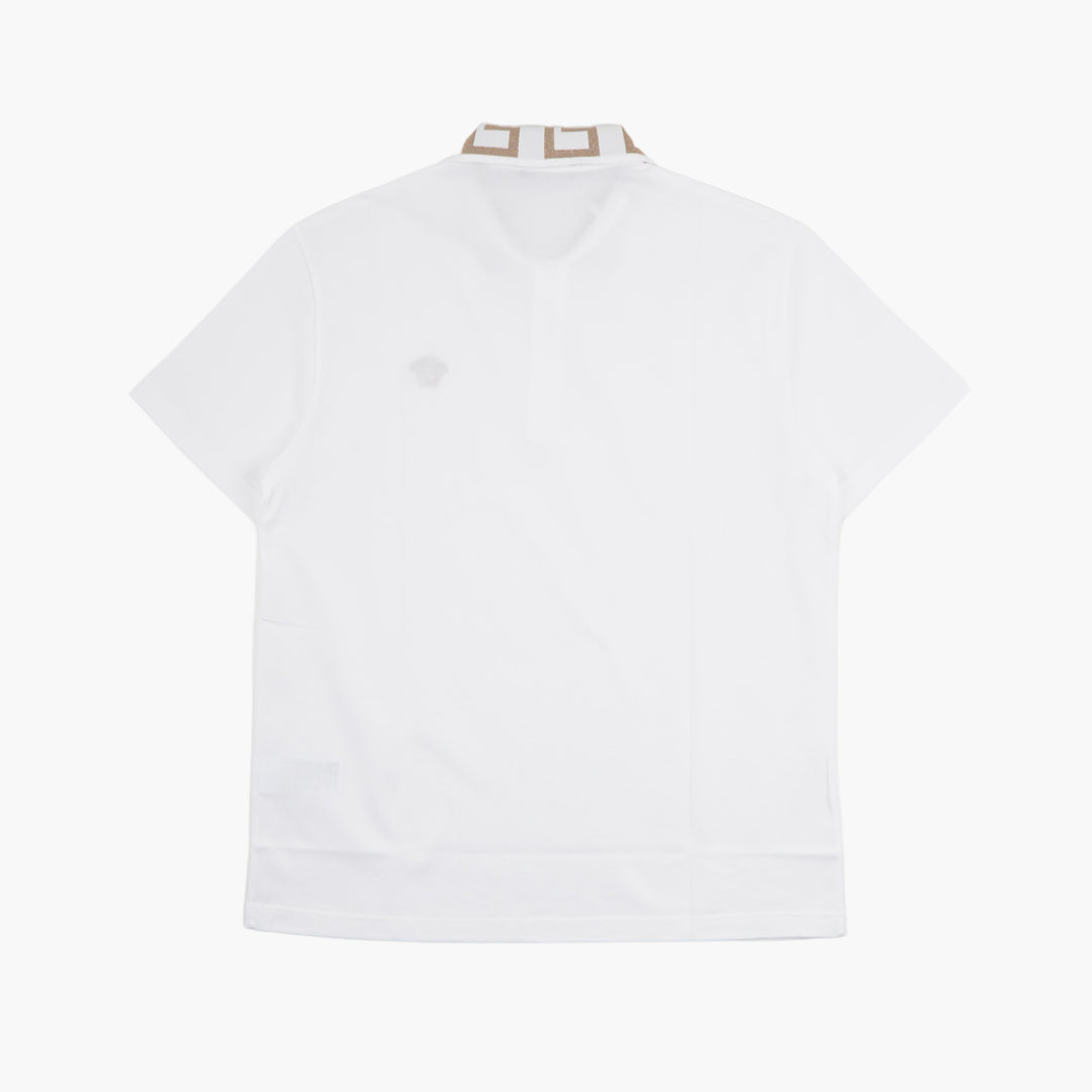 VERSACE White-Gold Polo Shirt with Greca Collar and Medusa Embroidery