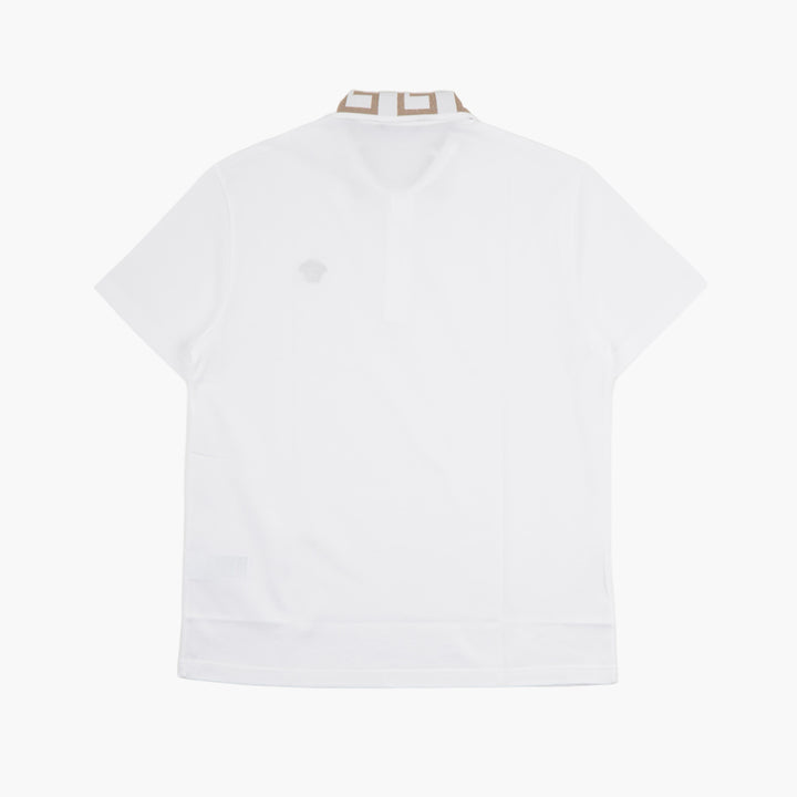 VERSACE White-Gold Polo Shirt with Greca Collar and Medusa Embroidery