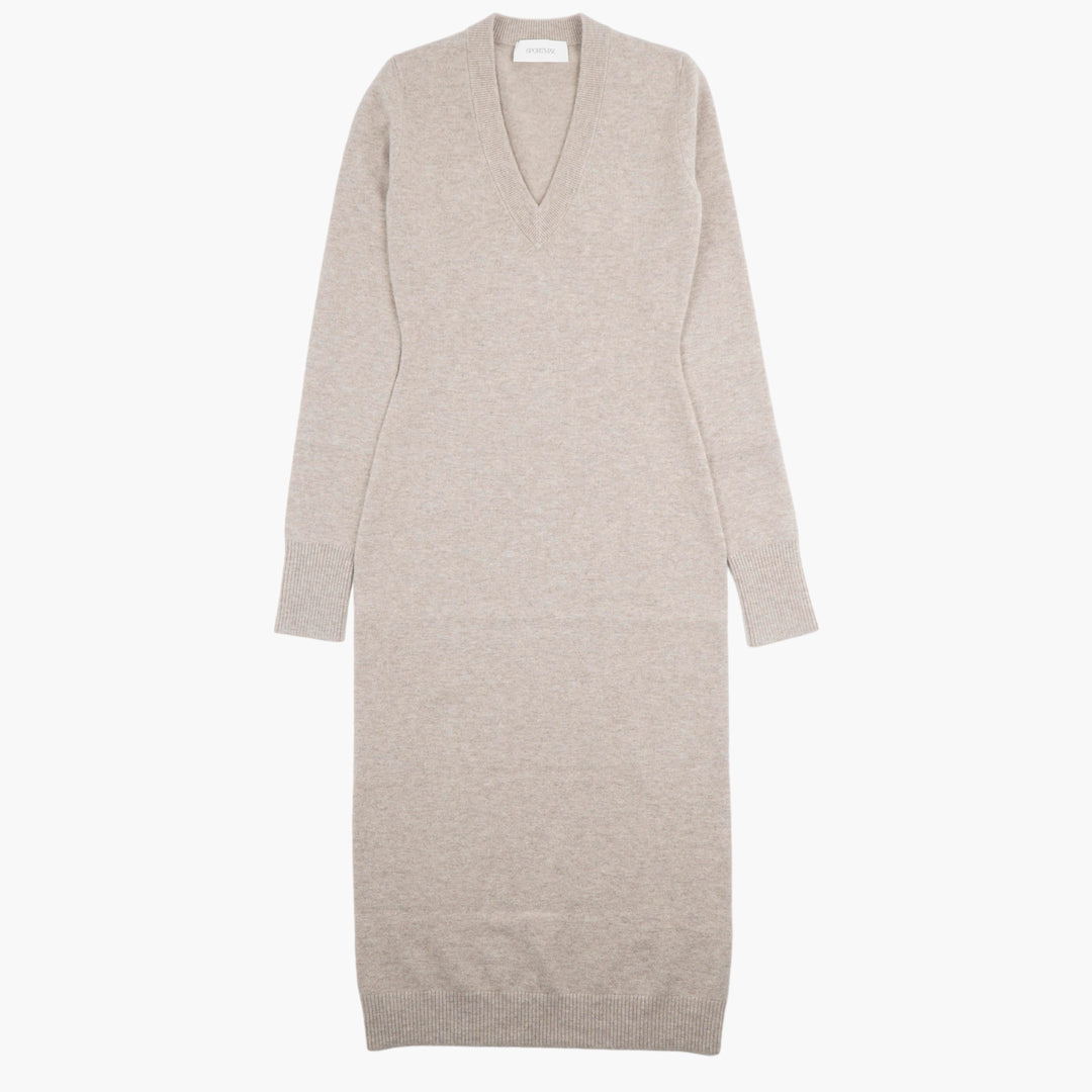 Max Mara Elegant V-Neck Beige Dress with Long Sleeves