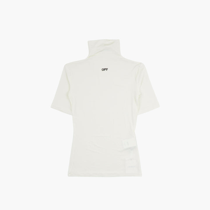 Top a collo alto OFF-WHITE in avorio-nero con estetica minimalista e marchio discreto