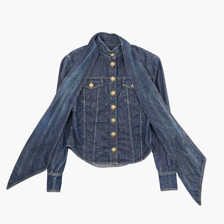 Balmain Denim Jacket with Gold-Toned Buttons and Scarf Extension