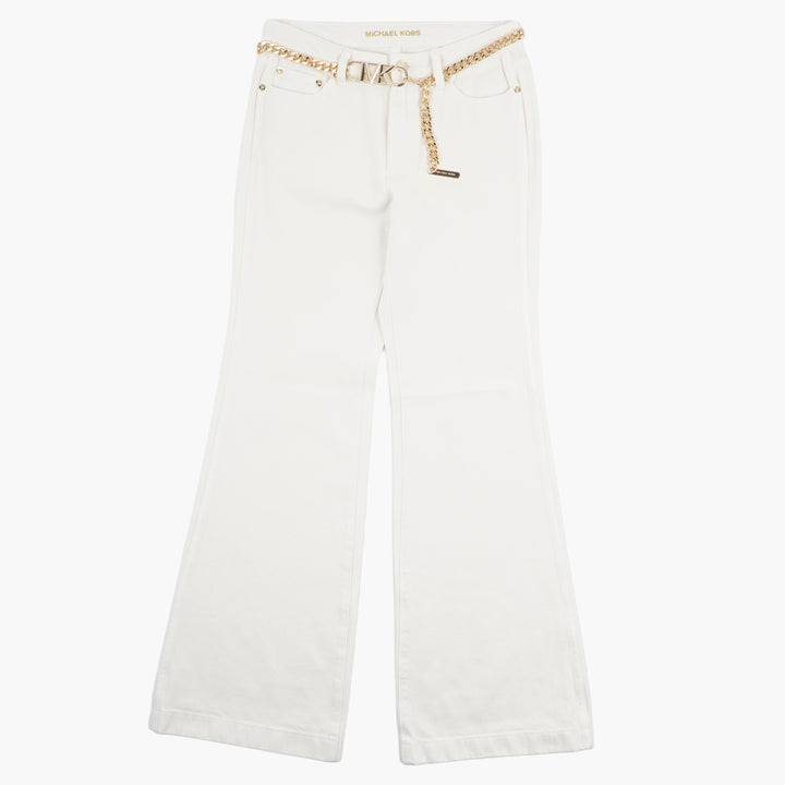 Michael Kors High-Waisted White Trousers with Gold Chain Belt