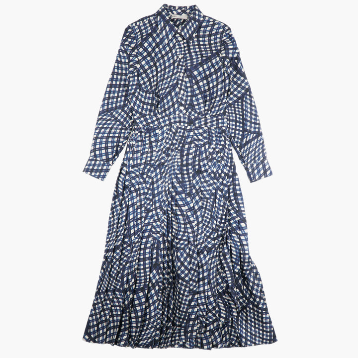 TORY BURCH Long-Sleeve Geometric Pattern Fit-and-Flare Dress - Blue-Ivory